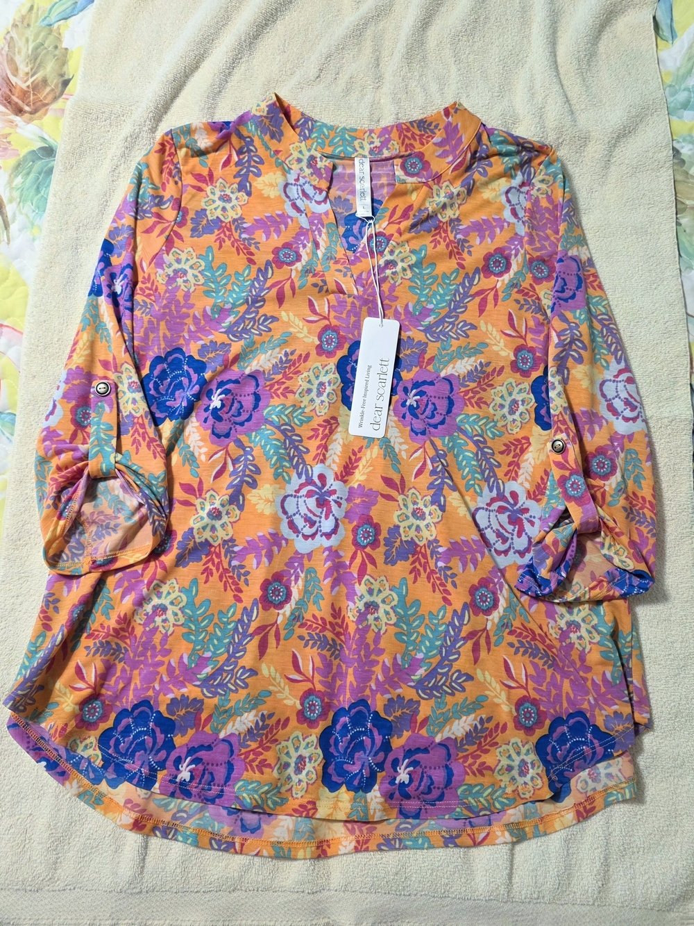 Dear Scarlett Orange Floral Roll-Tab Tunic Top L